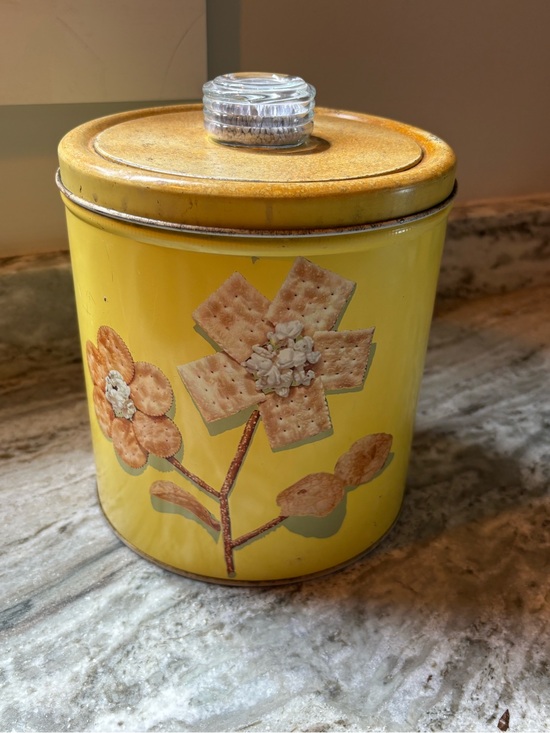 Blue Magic Other - Vintage Blue Magic Krispy Can Yellow Metal Canister - Cracker and Popcorn Flower